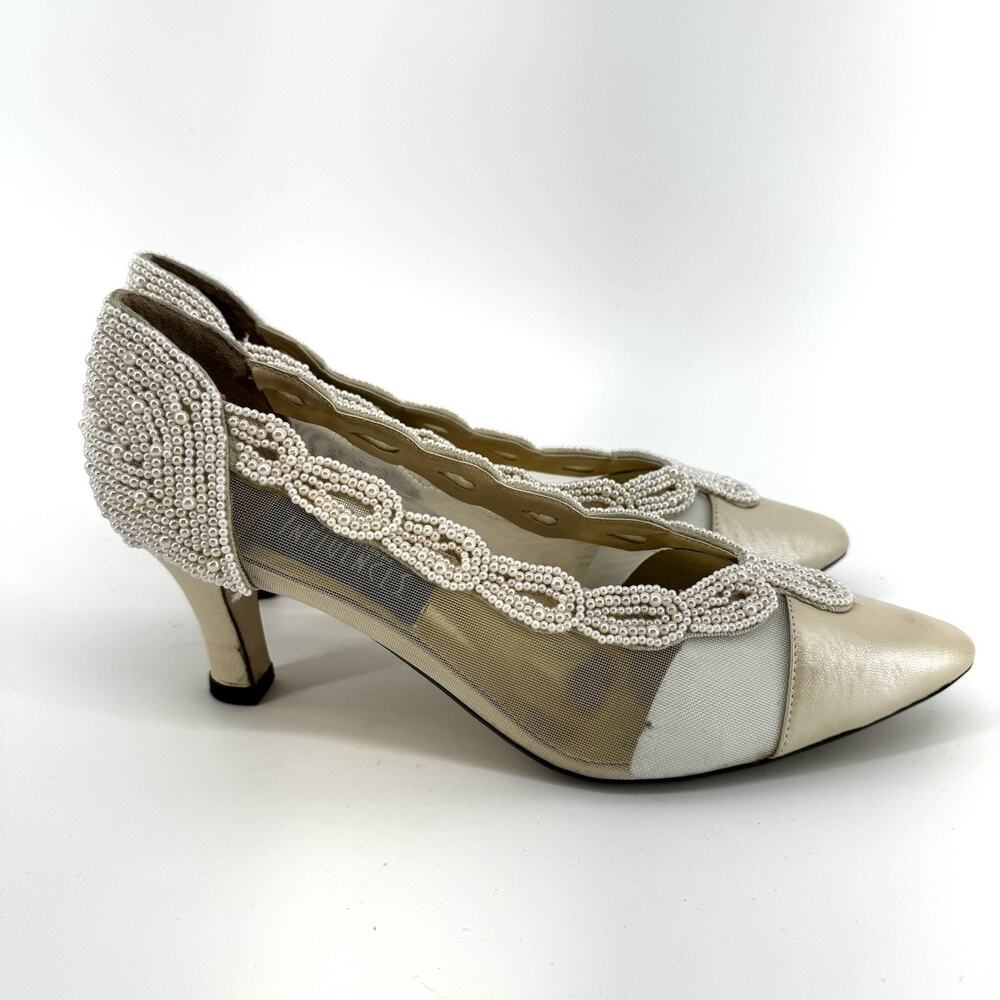 Vintage Fashion Influences Size 8.5 White Mesh Beaded Pearl Bridal Shoes 90s